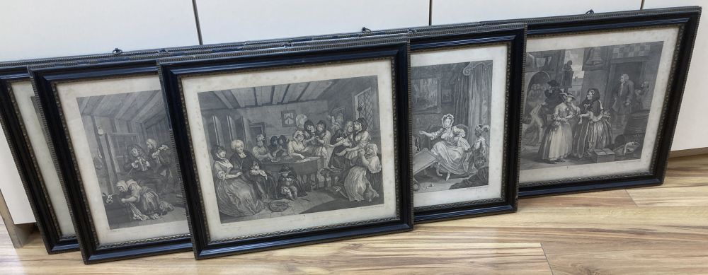 After William Hogarth, set of six engravings, The Harlots Progress, overall 37 x 44cm